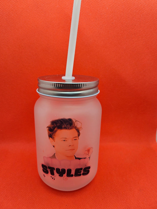 Harry Styles Inspired Mug, frosted glass mason with straw