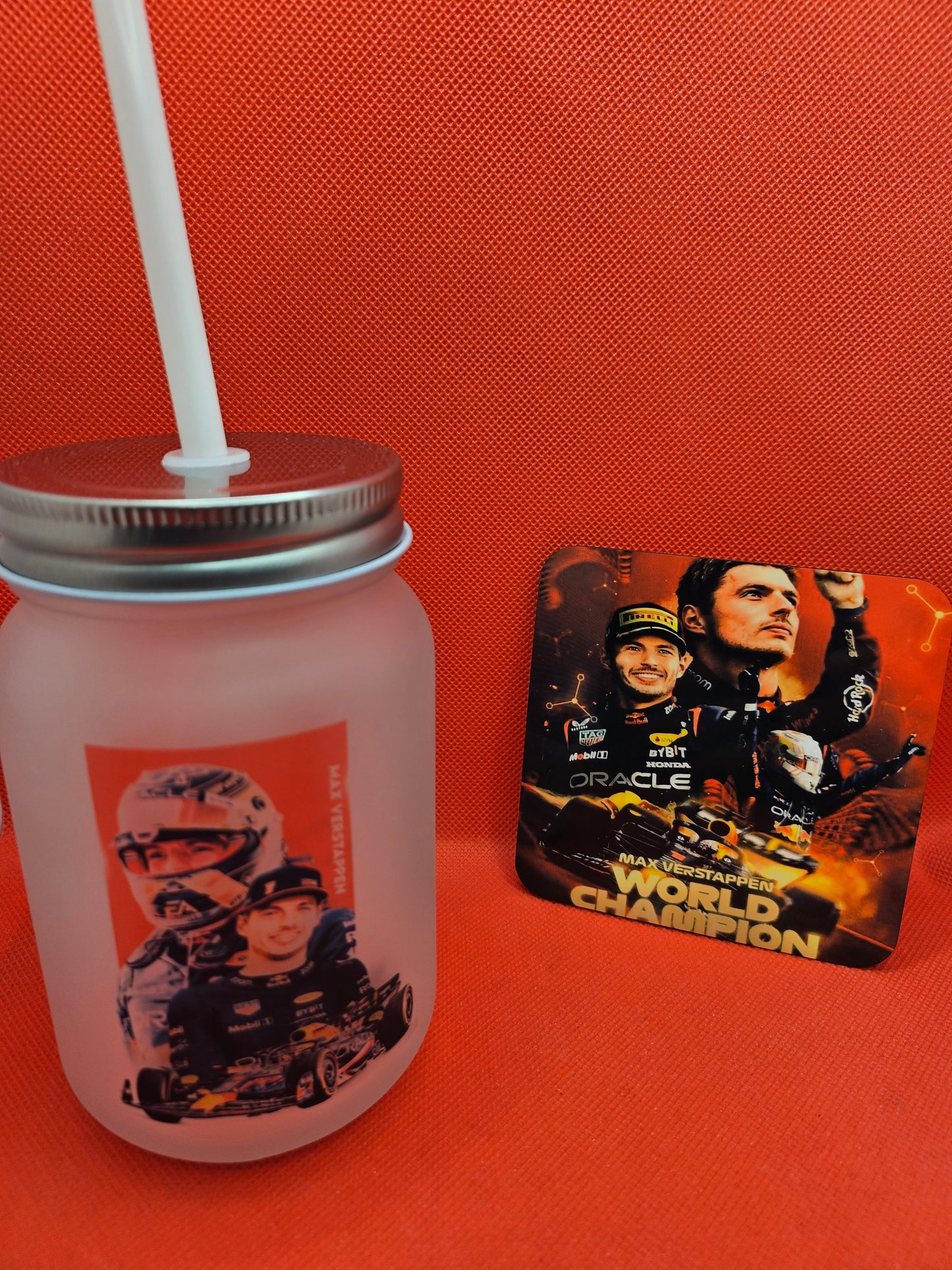 Max Verstappen Inspired Mug/ frosted glass mason with straw and coaster