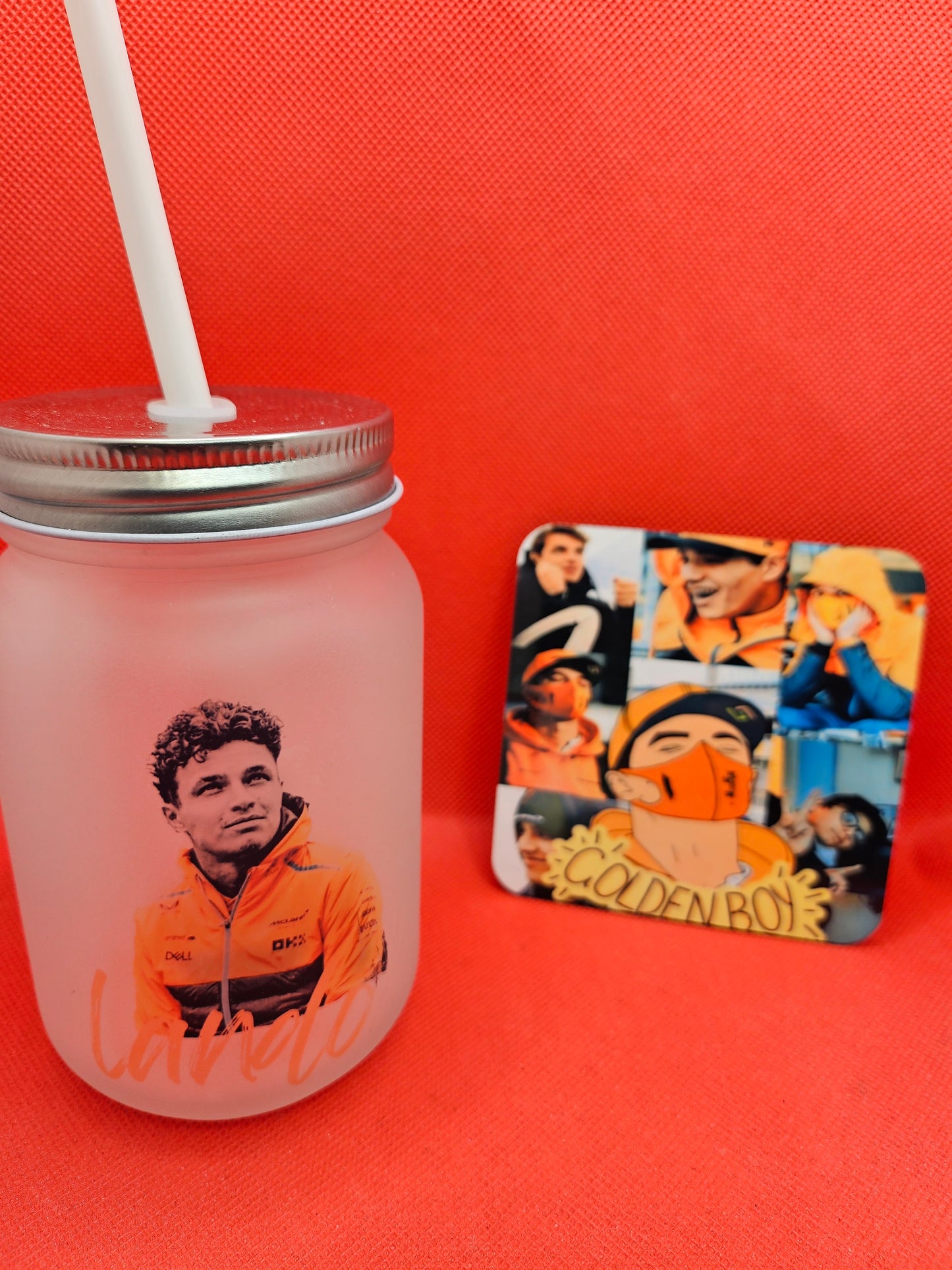 Lando Norris Inspired Mug/ frosted glass mason with straw and coaster