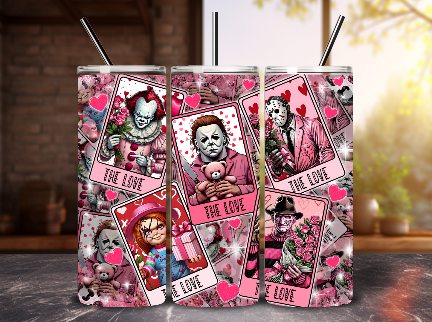 20oz Cute Horror Tumbler - Michael, Jason, Pennywise & Freddy in Love Theme