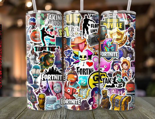 Fortnite Themed Stainless Steel Tumbler with Straw - Vibrant Sticker Design