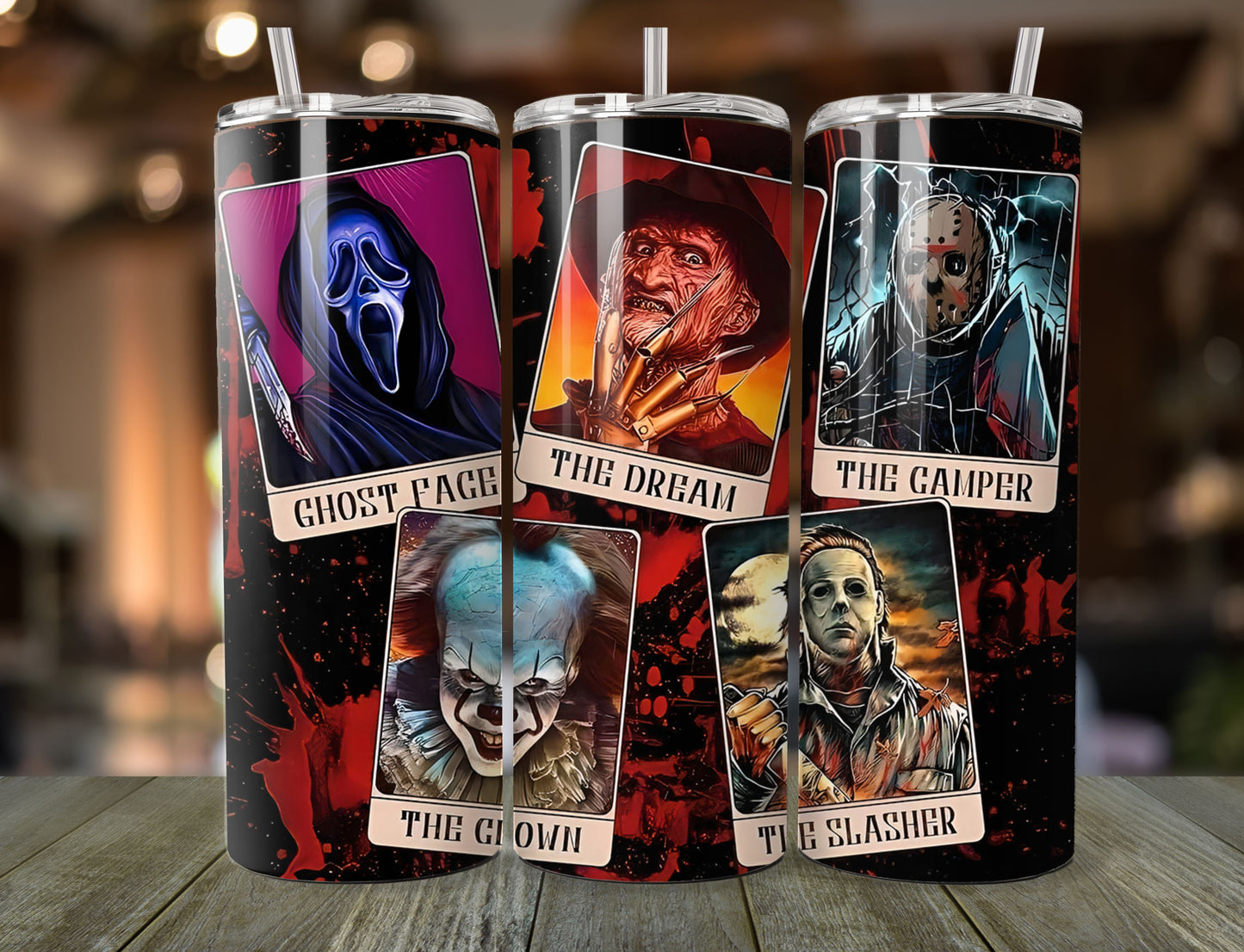 20oz Horror Villains Tumbler - Iconic Movie Characters "Ghost Face, The Dream, The Gamer, The Clown, The Slasher" Insulated