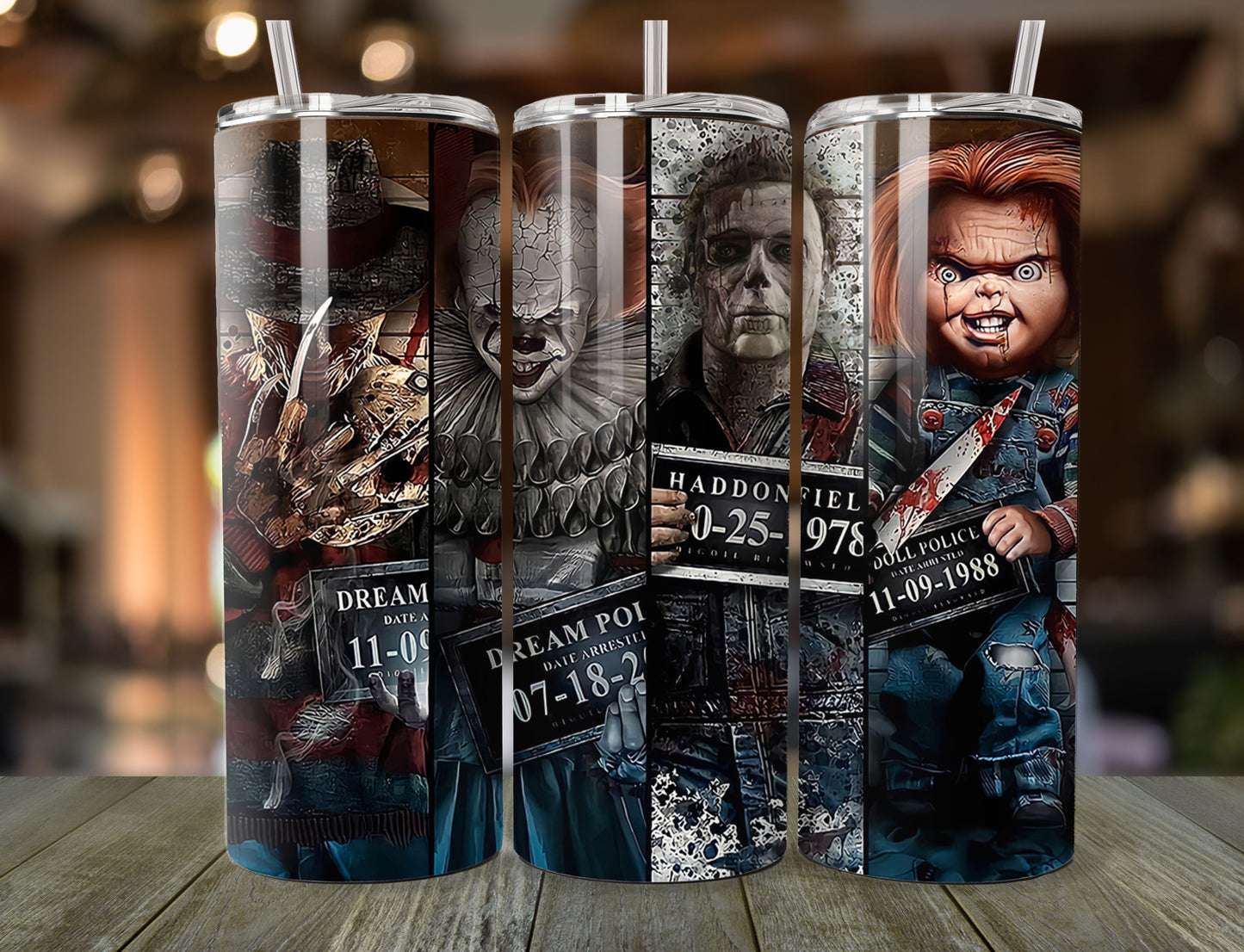 20oz Horror Mugshot Tumbler - Freddy, Pennywise, Michael Myers, Chucky - Insulated Stainless Steel