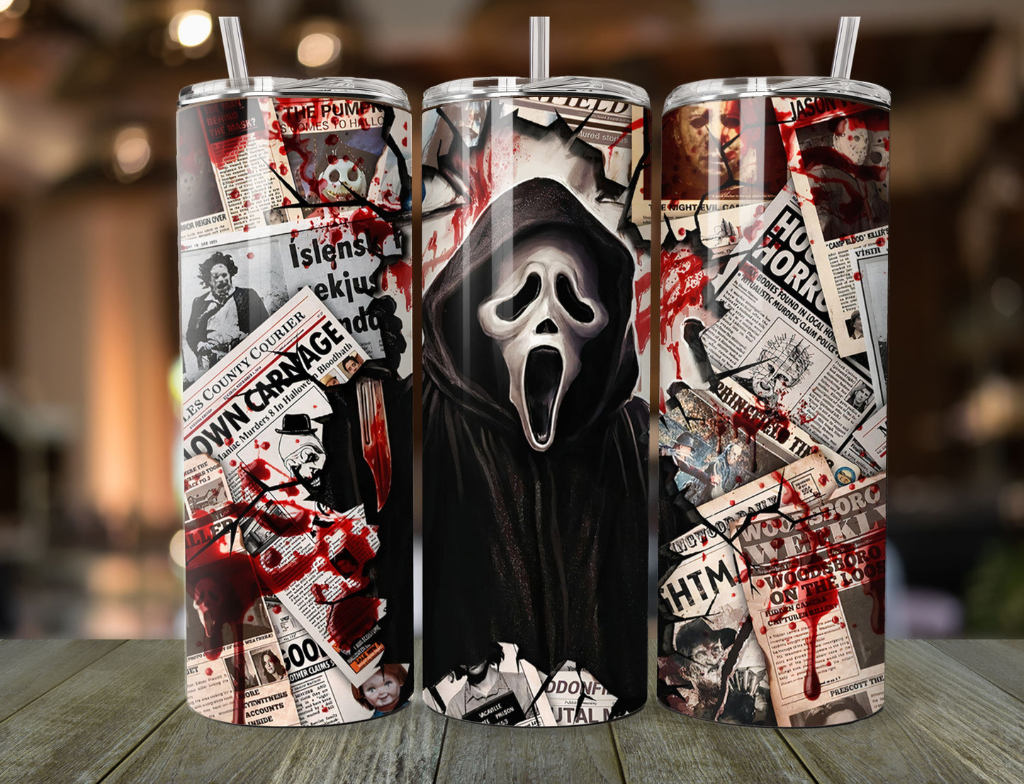 20oz Ghost Face Horror Tumbler - Blood-Splattered Newspaper Collage - Insulated Stainless Steel