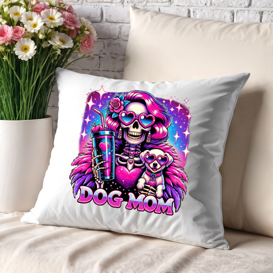 Trendy "Dog Mom" Cushion Cover – Gothic Skeleton Aesthetic – 40x40cm Canvas Pill